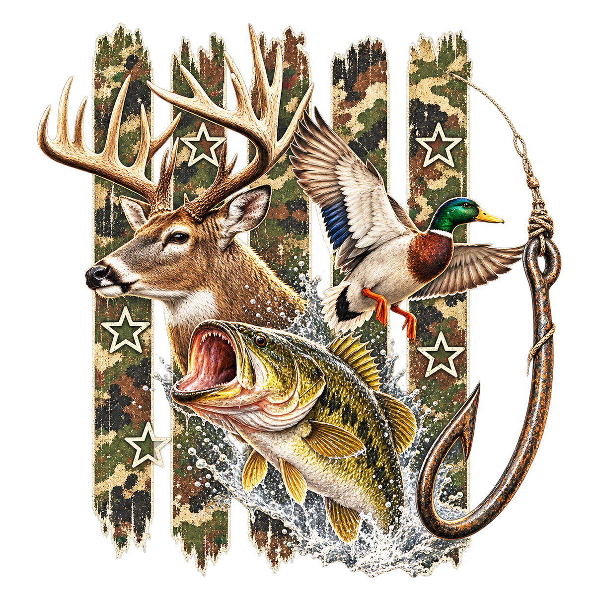 Camo Buck, Mallard & Bass Print