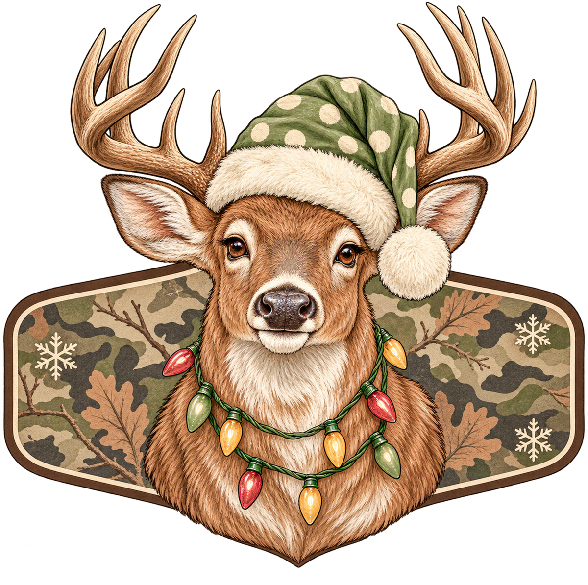 Whitetail buck in a polka dot Santa hat wearing Christmas lights on a camo badge