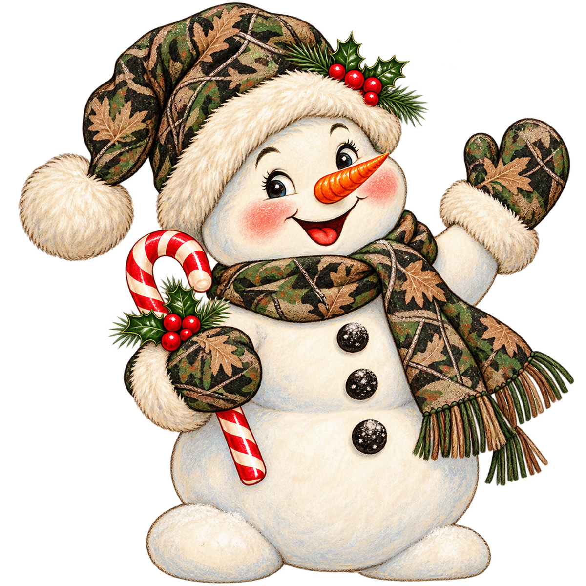 Smiling snowman in a camo hat, scarf and mittens holding a candy cane