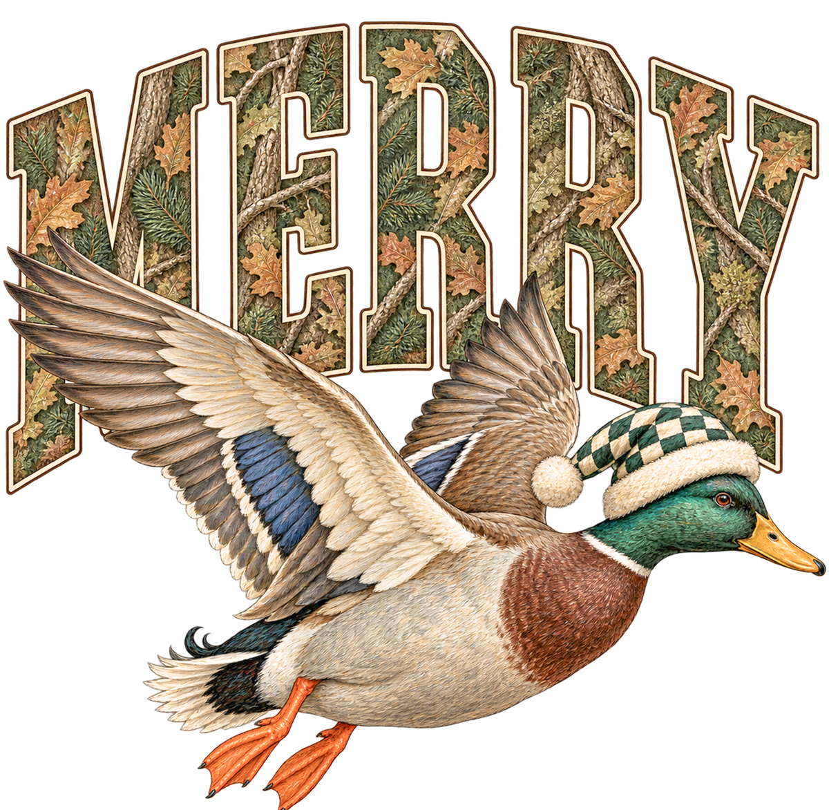 Camo MERRY lettering with a mallard duck flying in a checkered nightcap