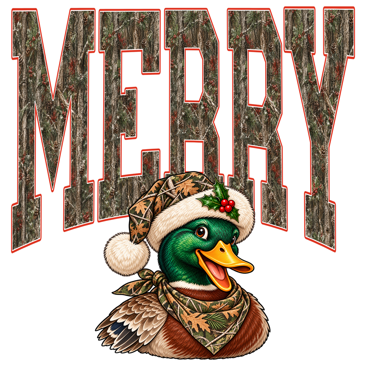 Camo MERRY lettering above a smiling mallard duck in a camo Santa hat and bandana