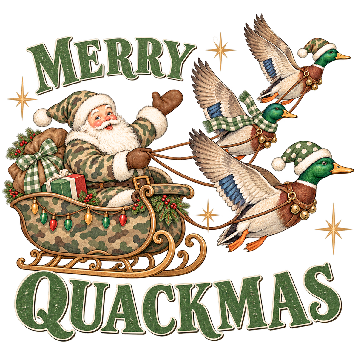 Merry Quackmas design of a camo Santa in a sleigh pulled by three mallard ducks in Santa hats